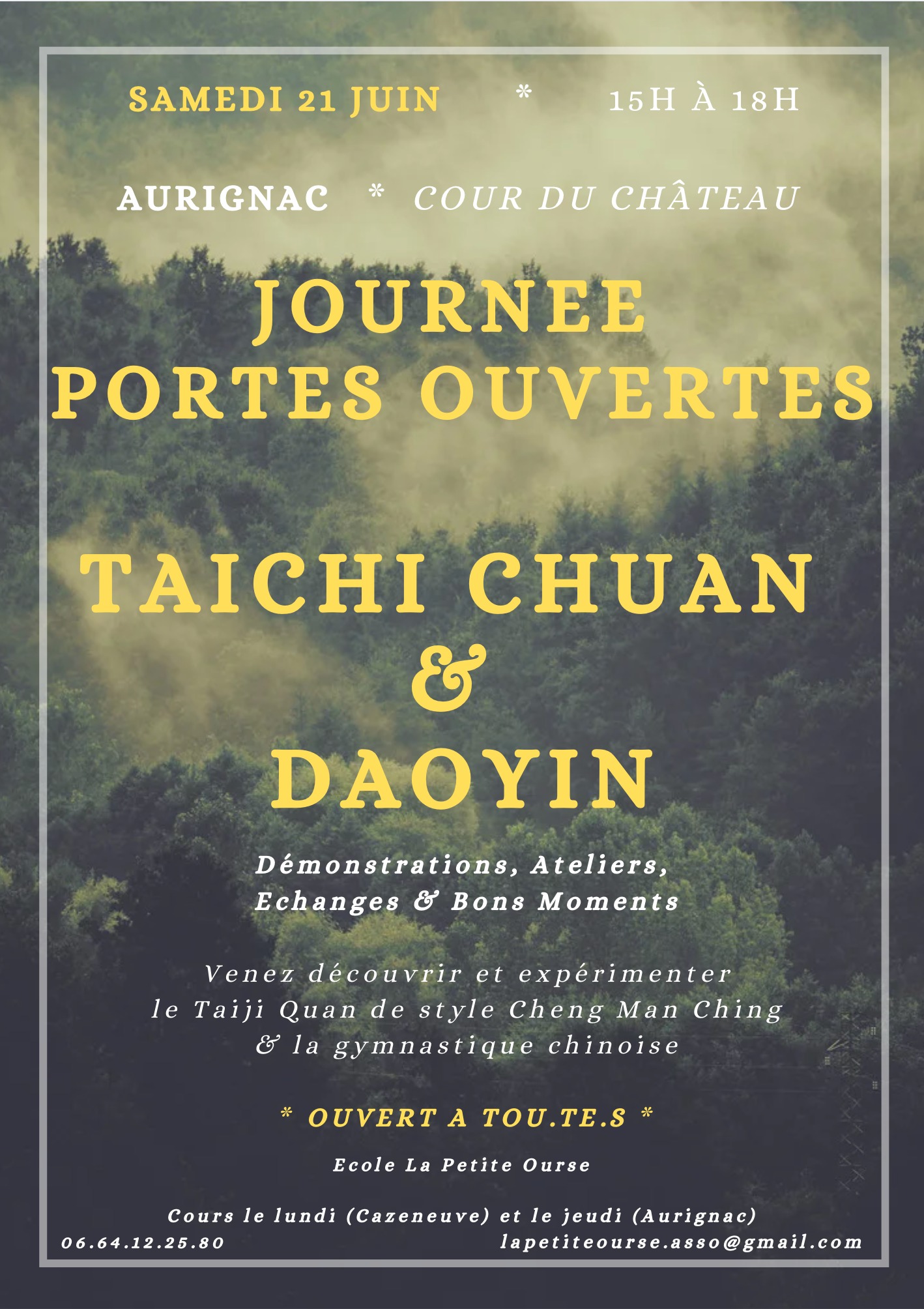 Lire la suite à propos de l’article Porte ouverte TAICHI CHUAN & DAOYIN – Samedi 21 juin de 15h à 18h – Cour du château