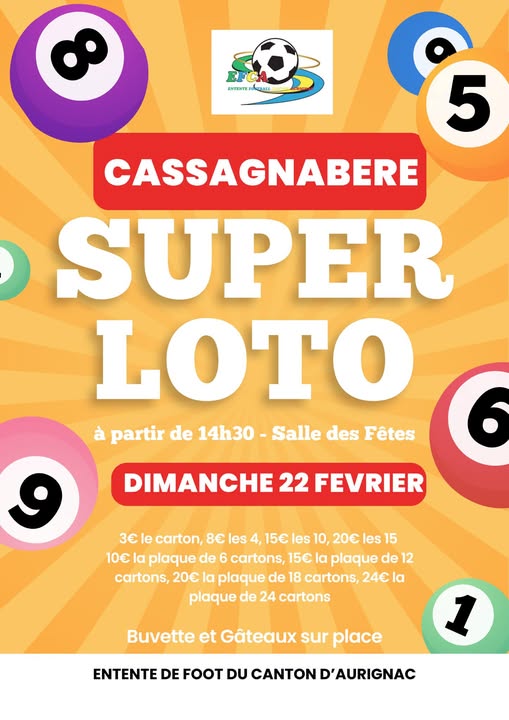 Lire la suite à propos de l’article  Attention SUPER LOTO du Foot ! – Dimanche 22 février 2026 à 14h30 – Cassagnabère-Tournas